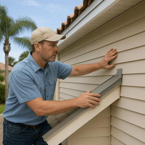 Home inspector examining roof flashings on a Sarasota home during a buyer's home inspection, highlighting thorough assessment services by Coastline Home Inspection.