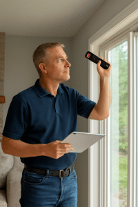 Certified home inspector conducting a re-inspection using a laser tool to evaluate window integrity in Sarasota, FL.