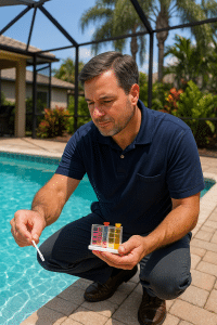 Certified pool inspector testing water chemistry near swimming pool in Sarasota, FL.