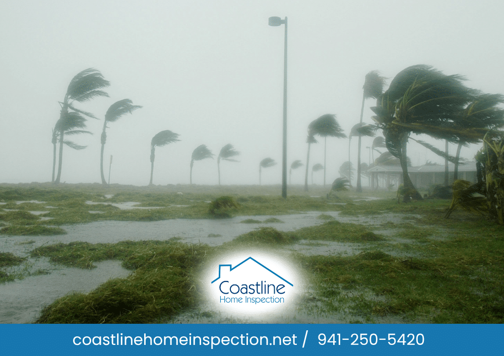Hurricane season in Sarasota, FL, with strong winds and flooded landscape, emphasizing the importance of home inspections for storm preparedness by Coastline Home Inspection.