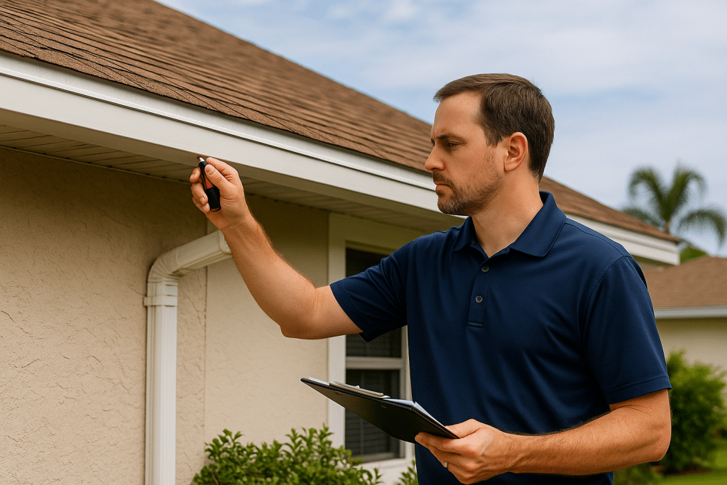 Coastline Home Inspection inspector evaluating roof edge of a Sarasota FL home during a residential property inspection.