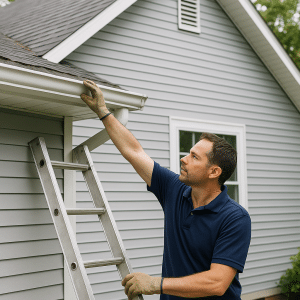 Home maintenance inspector checking gutters on a house in Sarasota, emphasizing proactive inspections for safety and functionality.