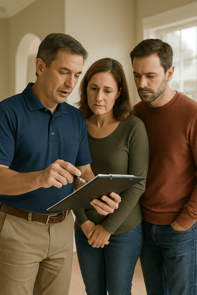 Home inspector reviewing inspection report with clients in Manatee, FL.