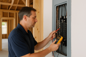 Home inspector testing electrical panel in new construction home in Sarasota, FL, ensuring compliance with local building codes.