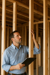 Man inspecting wooden framing in a new construction home, holding a clipboard, emphasizing the importance of thorough inspections for quality assurance in Sarasota, FL.