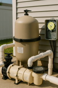 Pool pump and filter system with control timer, essential for maintaining water quality in Sarasota FL pools.