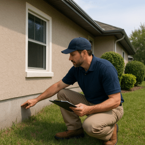 Certified inspector examining exterior foundation during a pre-listing inspection in Sarasota, FL, with clipboard and focused expression.
