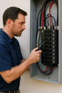Man inspecting electrical service panel with multimeter during 4-Point Inspection in Sarasota, FL, assessing wiring and breakers for safety compliance.