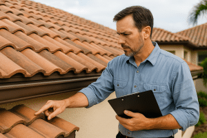 Home inspector examining roof tiles during an 11-month warranty inspection in Sarasota, FL, holding a clipboard and assessing potential structural deficiencies.